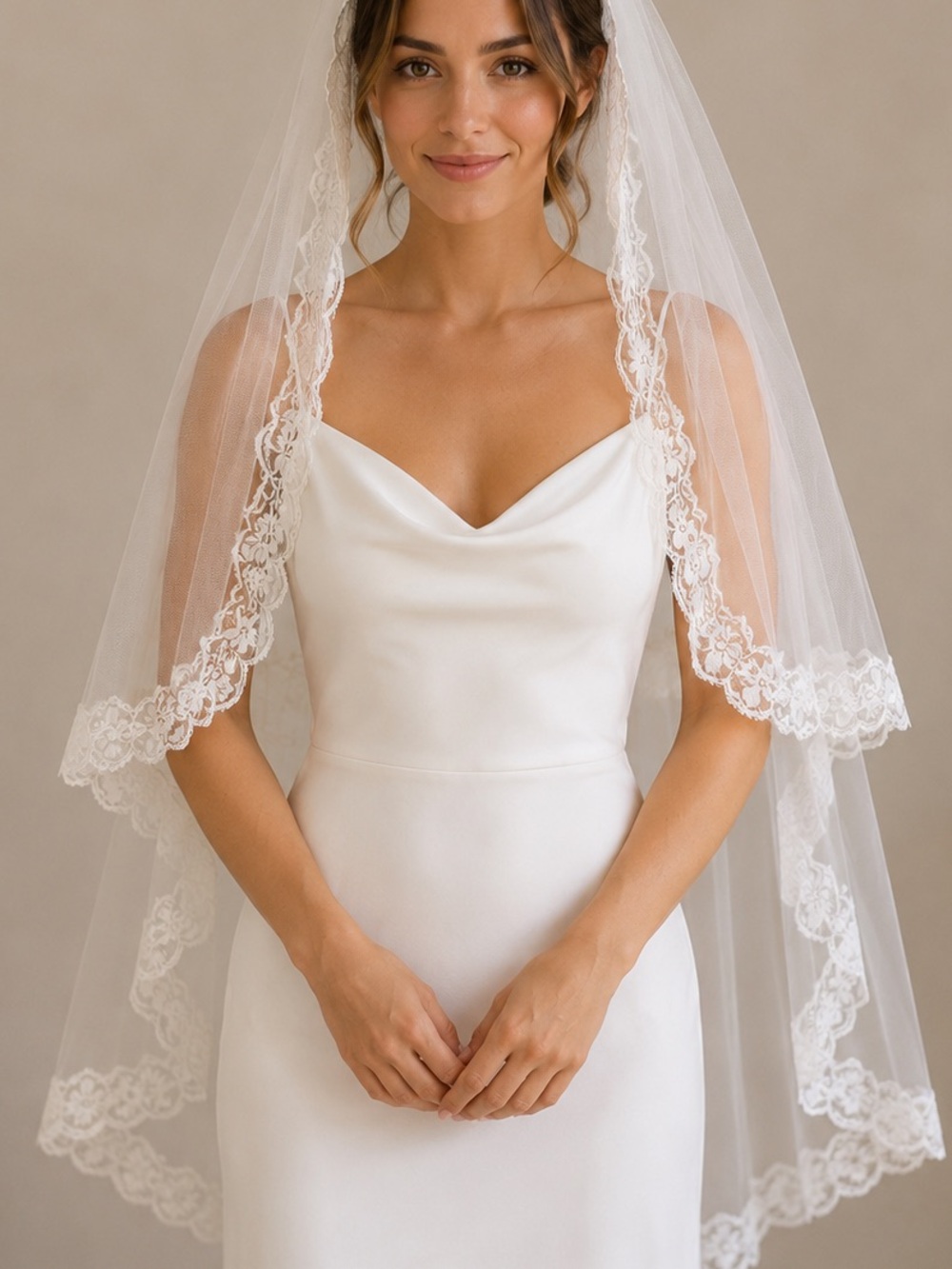 Vintage Two-Tier Bridal Veil Lace Trim Juliet Cap Wedding Veil Catholic Church